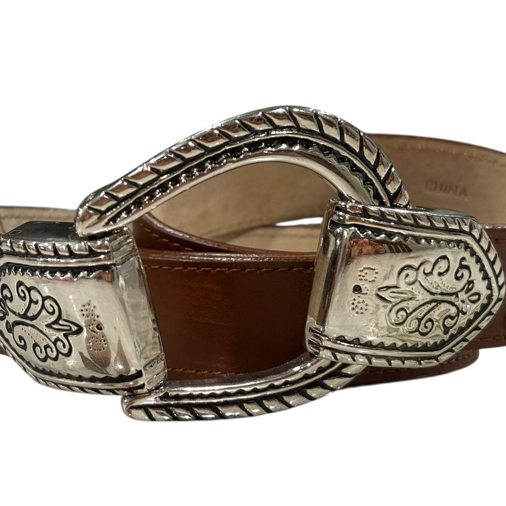 Ibella Western Brown Leather Belt Concho Buckle Silver Studded Rhinestone Sz XL
